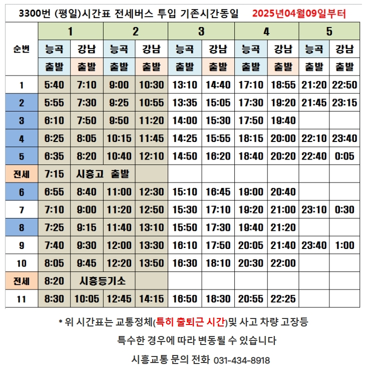 시흥 능곡 ↔ 강남 3300번 광역버스 시간표 (평일/주말 최신 안내) - 기타 tip