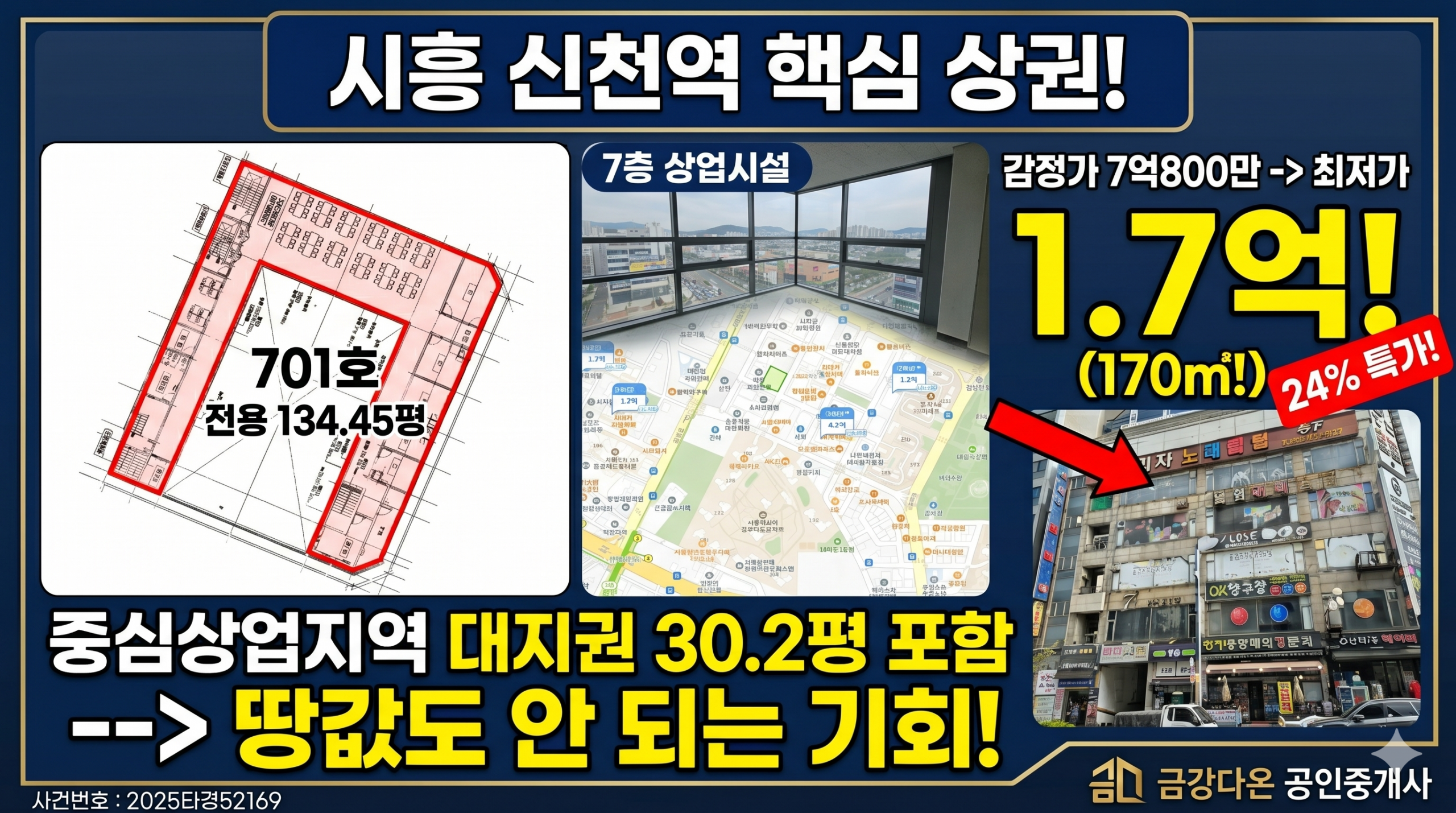 [시흥 상가 경매] 땅값도 안 되는 반값 상가! 신천역 중심상업지역 대야프라자 134평 (2025타경52169) - 경공매