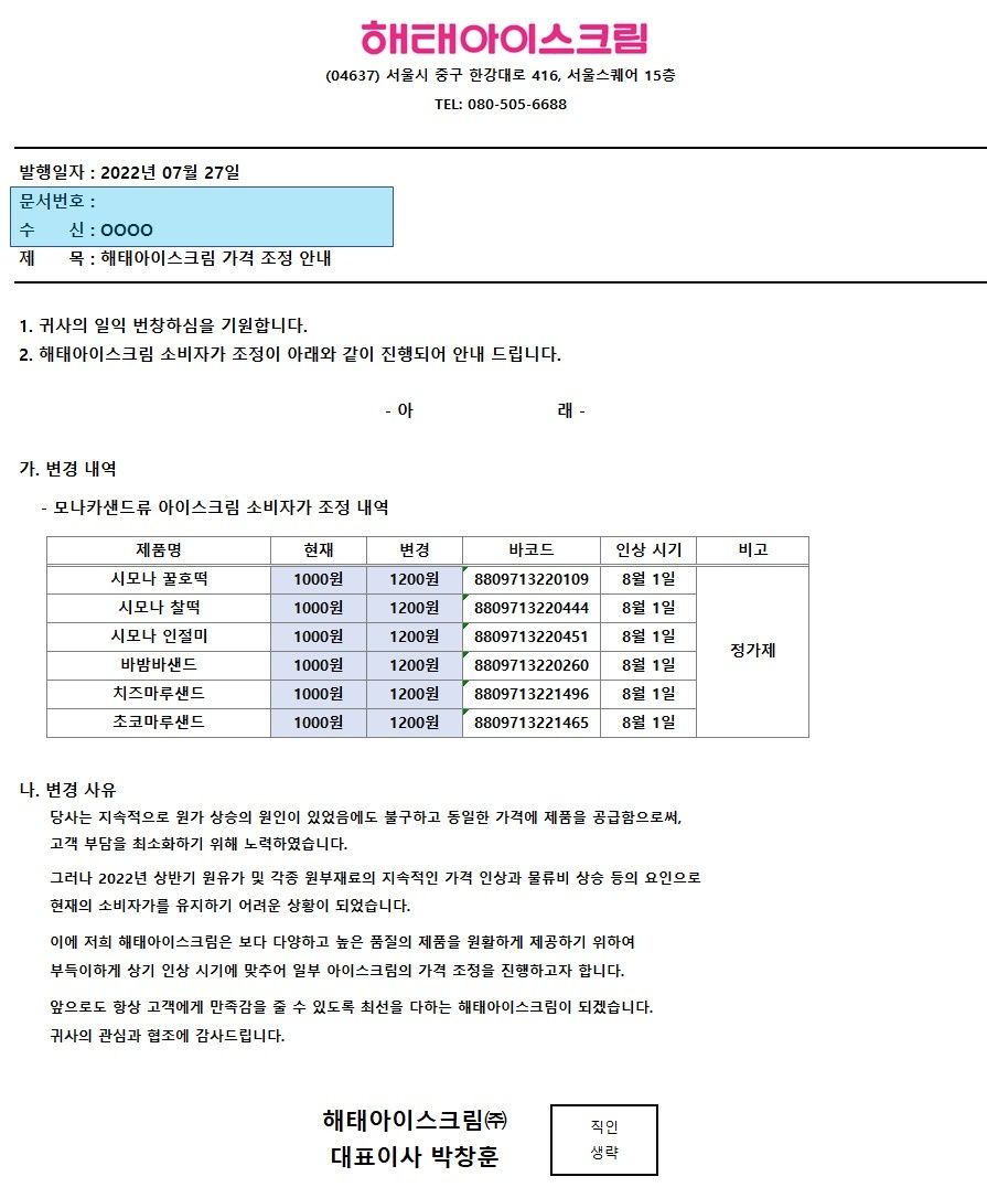빙그레, 해태 샌드류 아이스크림 가격인상 - 아이스크림할인점관련