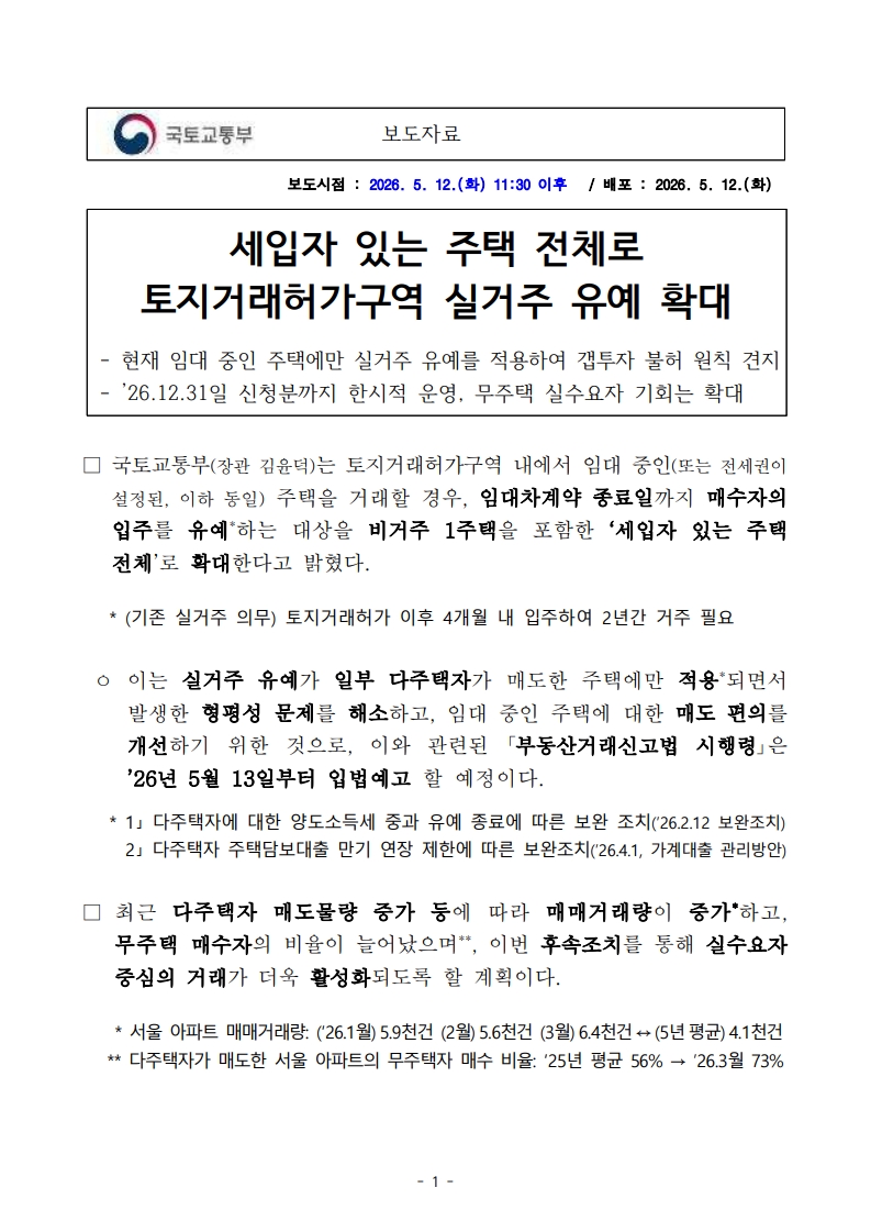 토지거래허가구역 내 '세입자 있는 주택' 실거주 유예 전면 확대! (무주택자 주목) - 부동산이야기