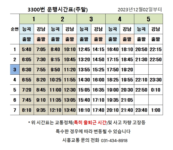 시흥 능곡 ↔ 강남 3300번 광역버스 시간표 (평일/주말 최신 안내) - 기타 tip