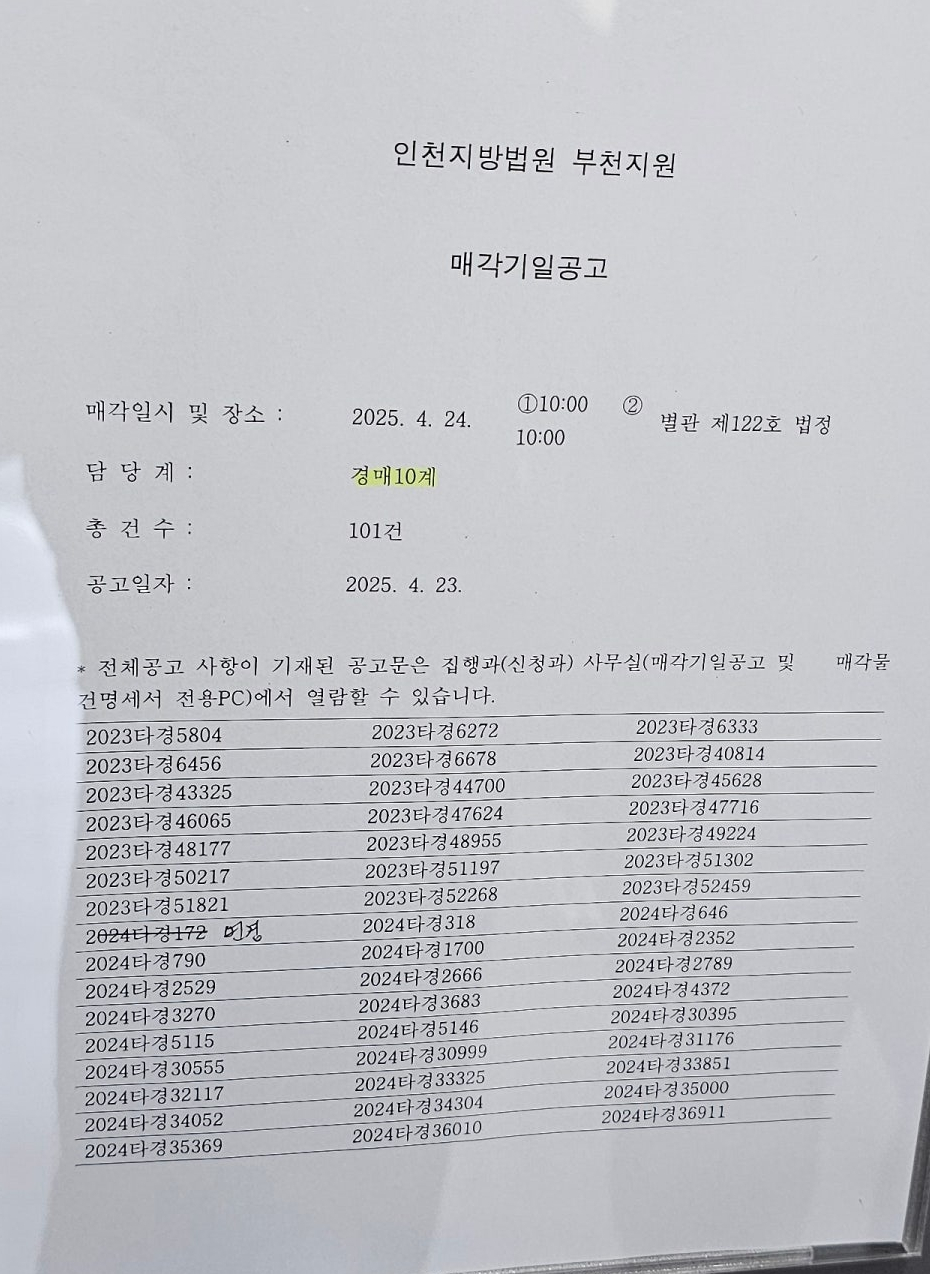2025년 4월 24일 부천지원 경매 법정 현장 스케치 - 경공매