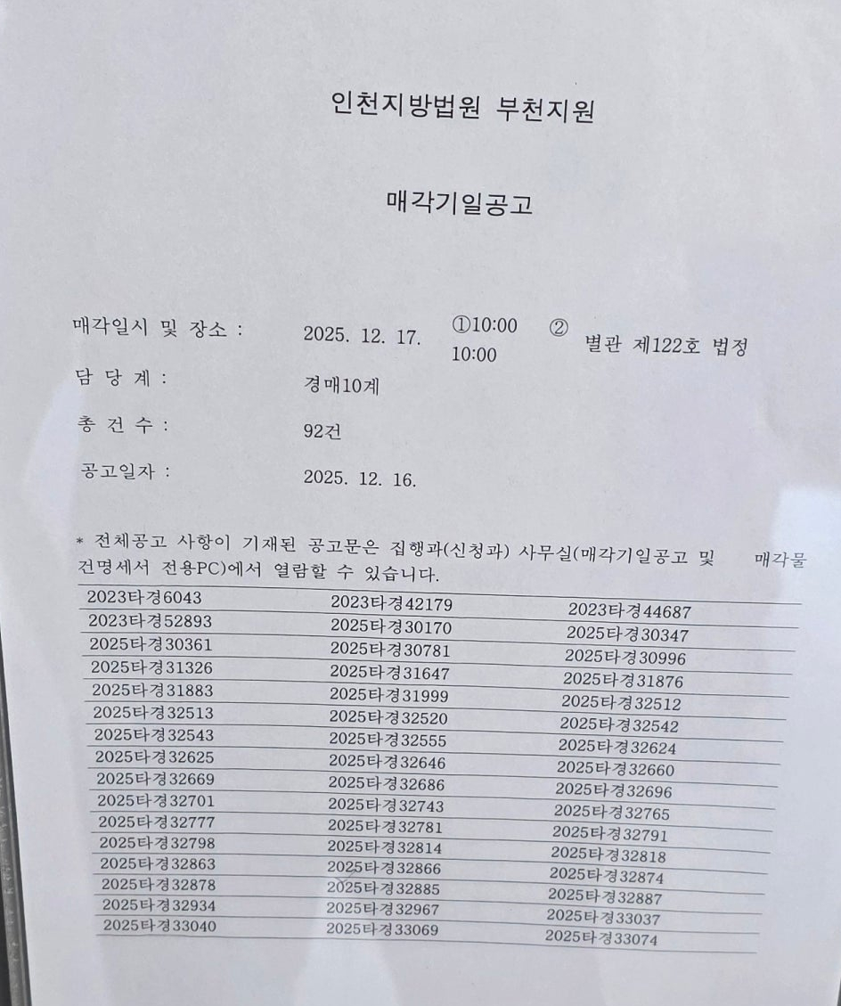 12월 17일(수) 인천지방법원 부천지원 경매 현장 스케치 - 경공매