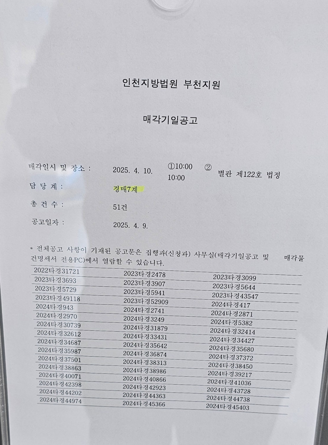 2025년 4월 10일 부천지원 경매 법정 현장 스케치 - 경공매