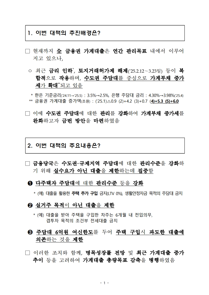 가계부채 관리 강화 방안 주요 FAQ (2025년 6월 기준) - 부동산이야기