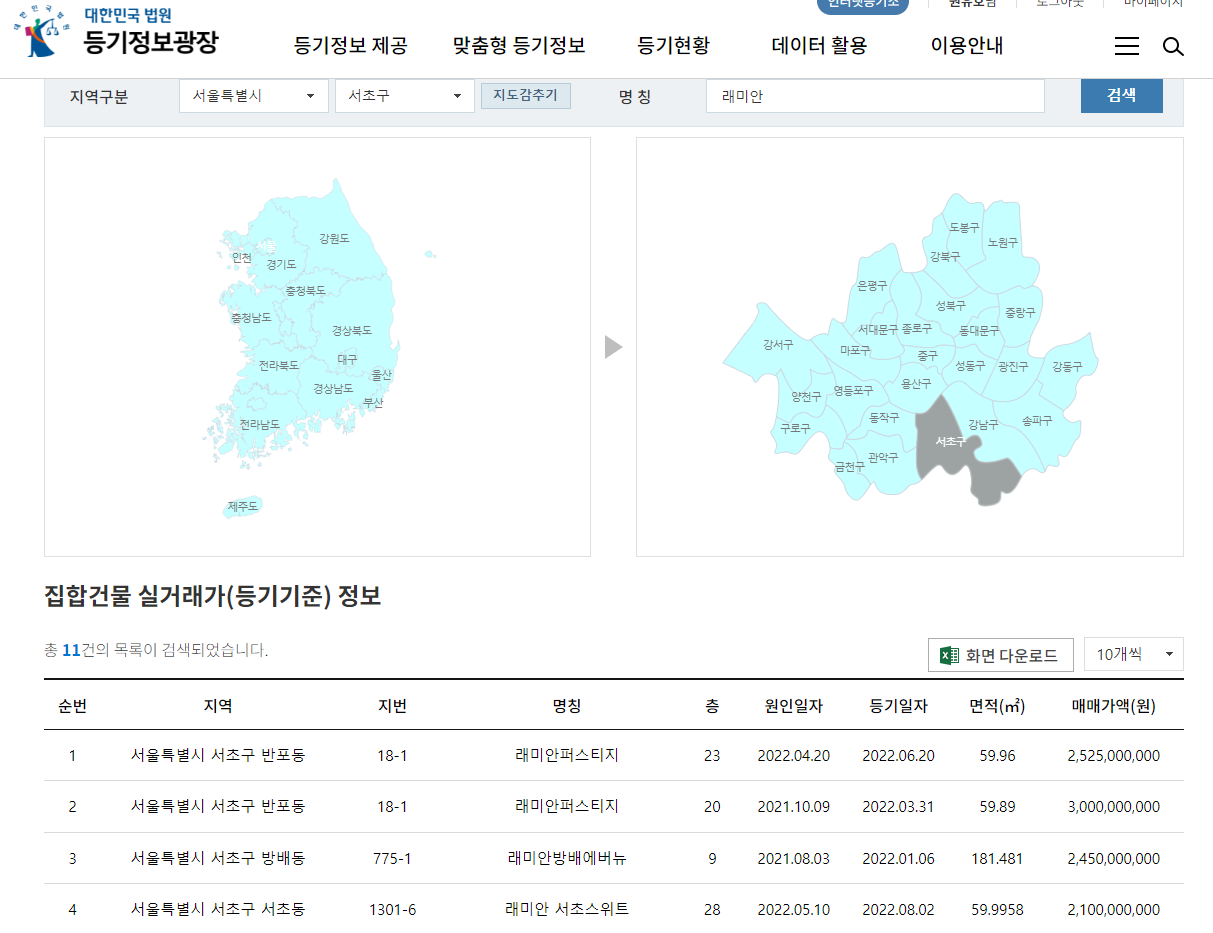 인터넷등기소 - 등기정보광장 집합건물 실거래가(등기기준) 제공 - 부동산이야기